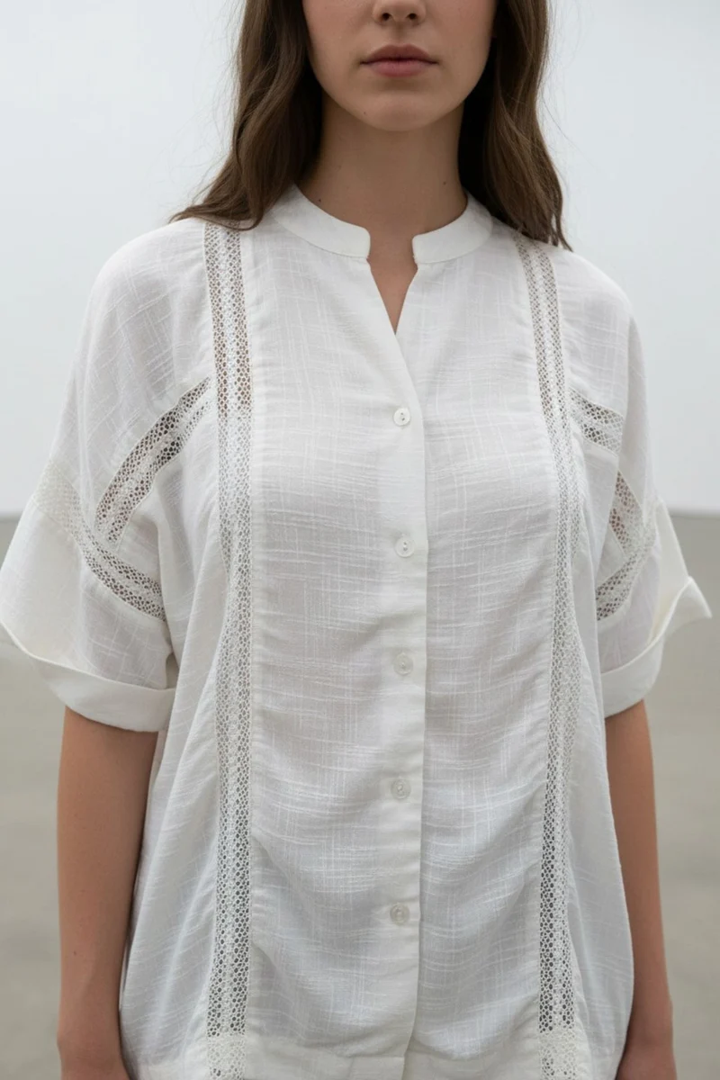 Virelle|100% Cotton Relaxed Lace Panel Shirt
