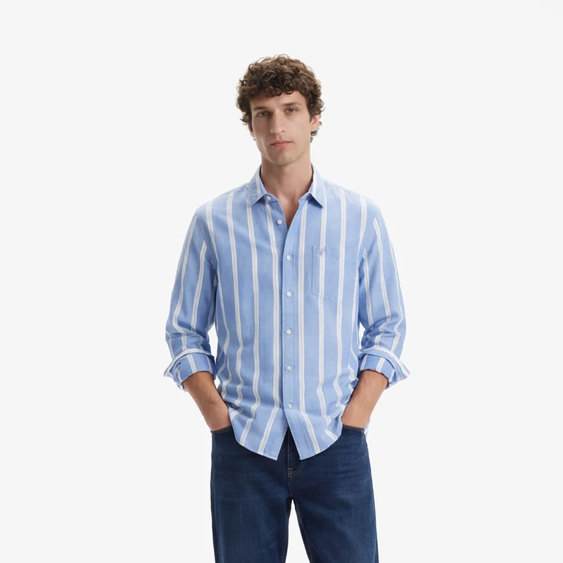 Chemise manches longues rayée en coton bleu