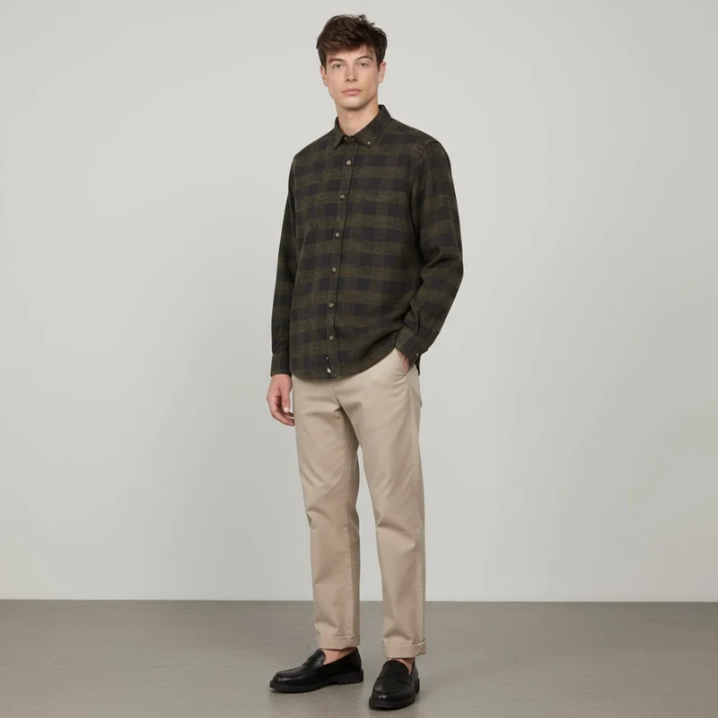 Chemise à carreaux militaire à manches longues en coton