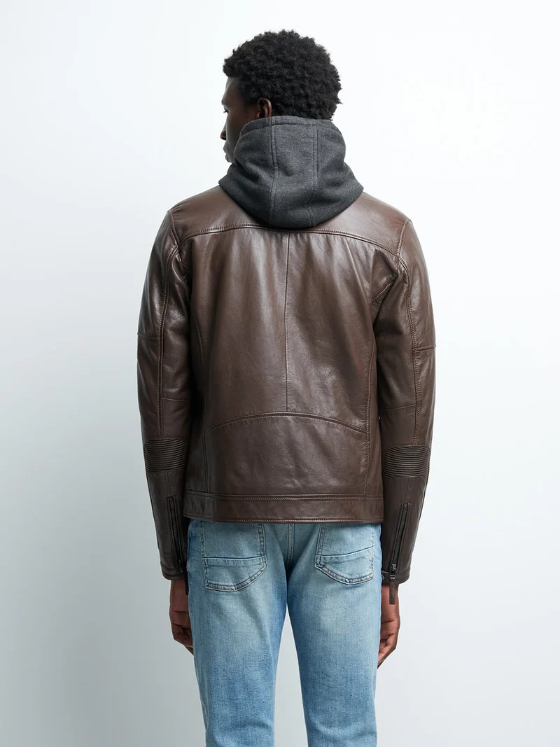 Blouson en cuir à capuche