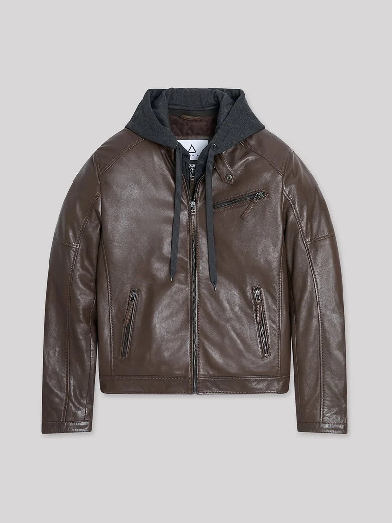 Blouson en cuir à capuche