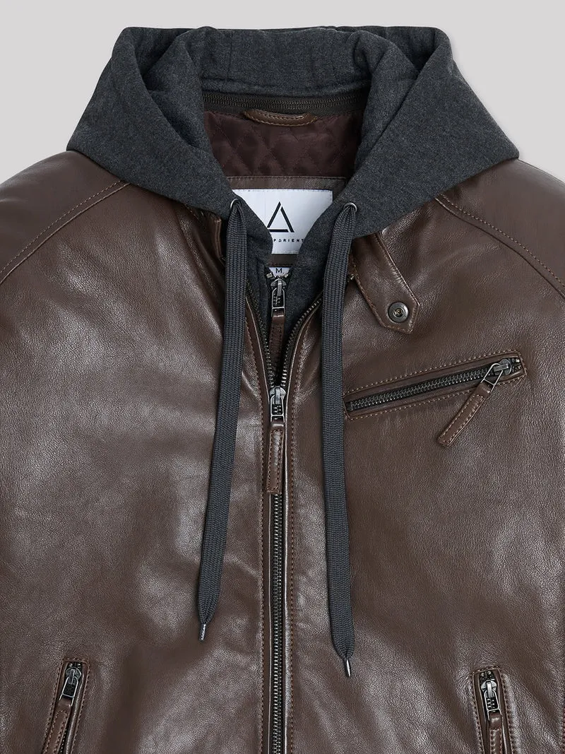 Blouson en cuir à capuche