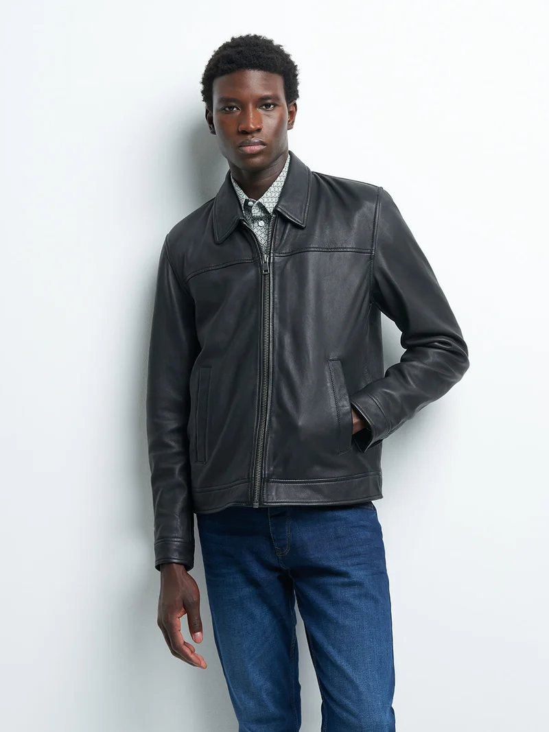 Blouson en cuir col chemise