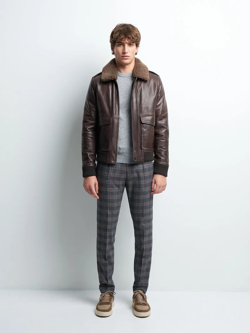 Blouson en cuir col sherpa