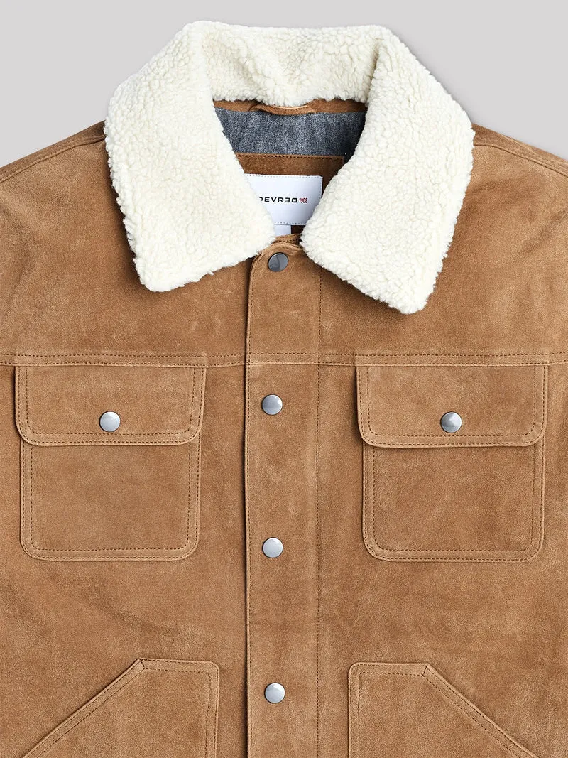 Blouson en cuir col sherpa