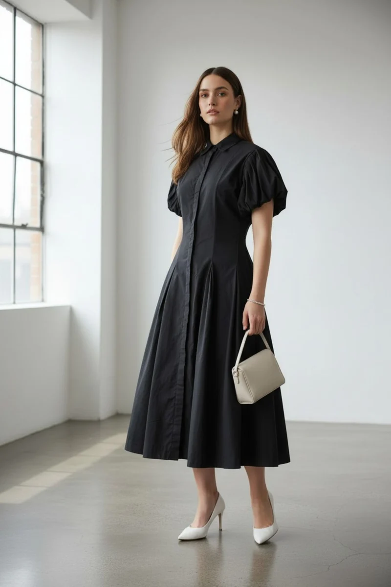 Rhea|100% Cotton Shirt Collar Midi Dress