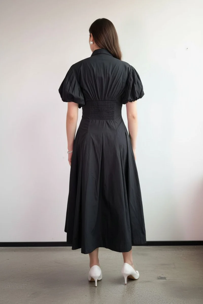 Rhea|100% Cotton Shirt Collar Midi Dress