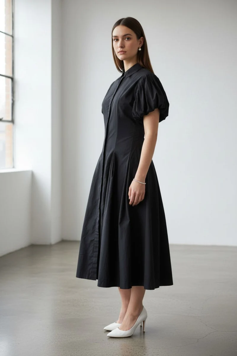 Rhea|100% Cotton Shirt Collar Midi Dress