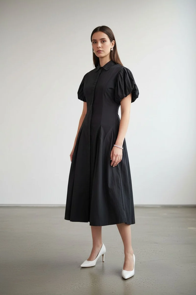 Rhea|100% Cotton Shirt Collar Midi Dress