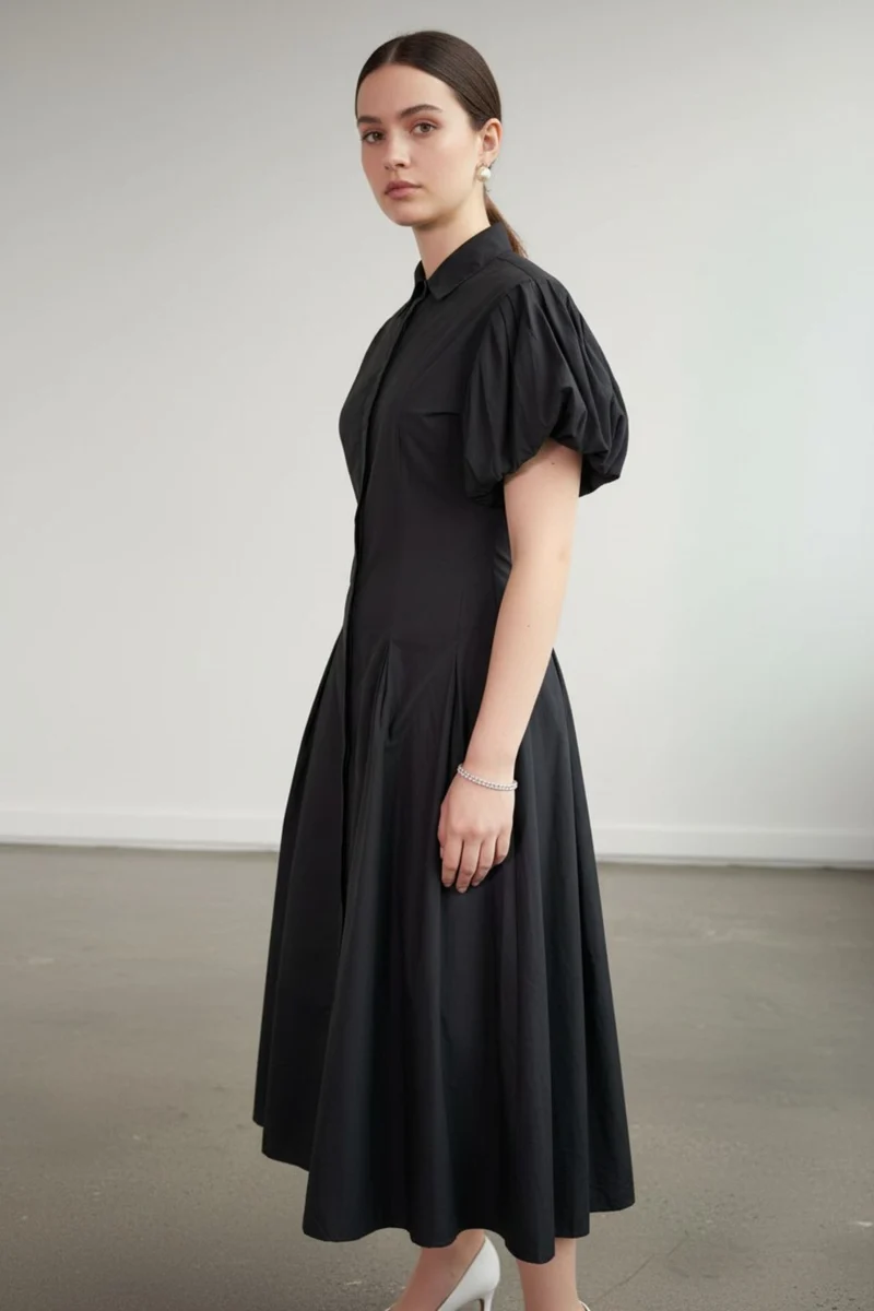 Rhea|100% Cotton Shirt Collar Midi Dress