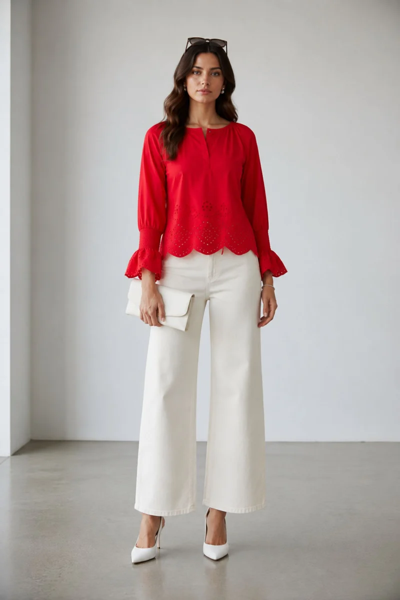 Avielle Top|100% Cotton Schiffli Scallop Hem Top