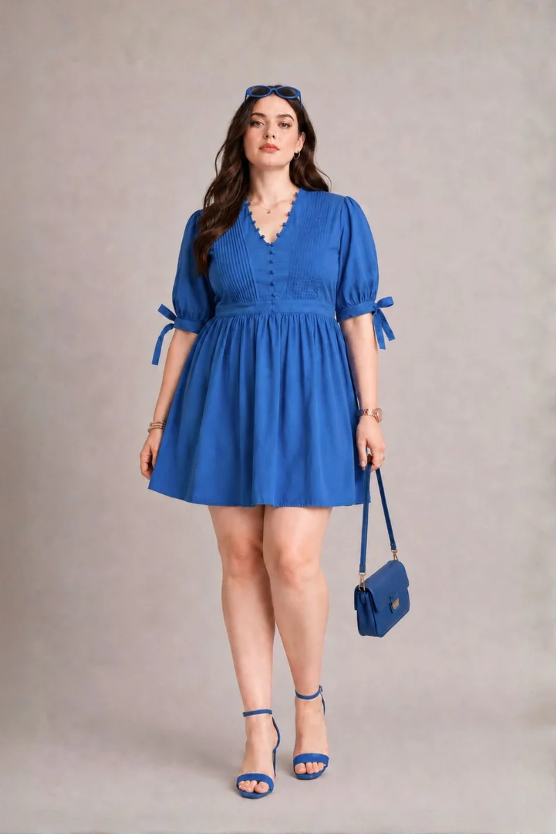 Elowara|100% Cotton V Neck Mini Dress