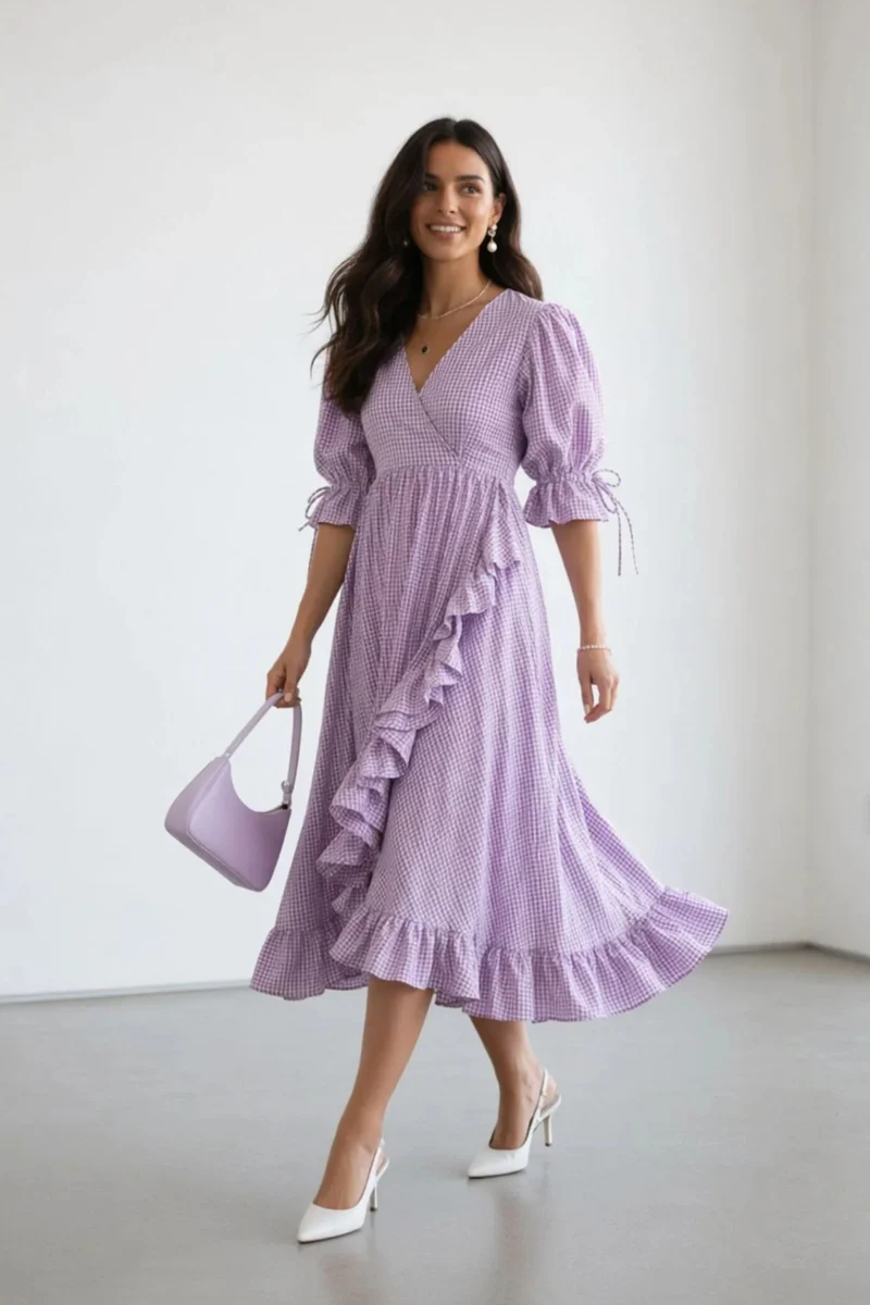 Virettae|Gingham V Neck Ruffle Midi Dress