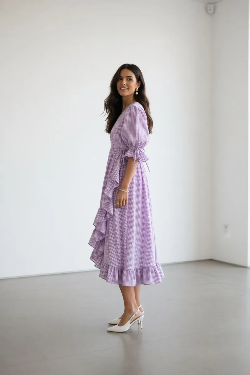 Virettae|Gingham V Neck Ruffle Midi Dress
