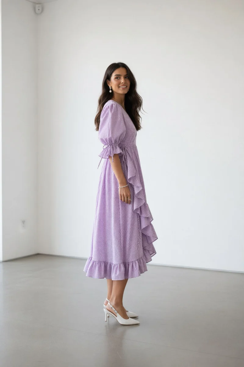 Virettae|Gingham V Neck Ruffle Midi Dress