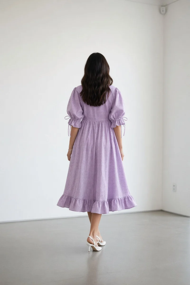 Virettae|Gingham V Neck Ruffle Midi Dress
