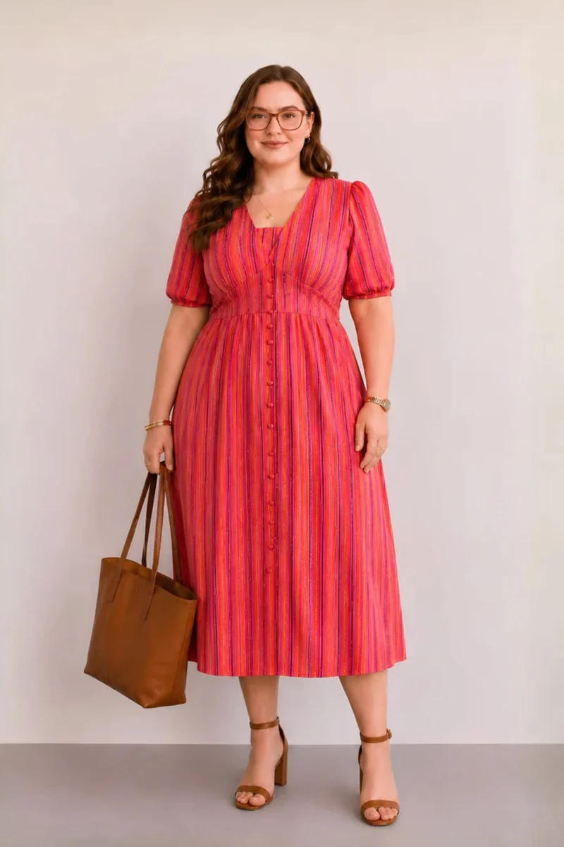 Elarina|100% Cotton Striped Puff Sleeve Midi Dress