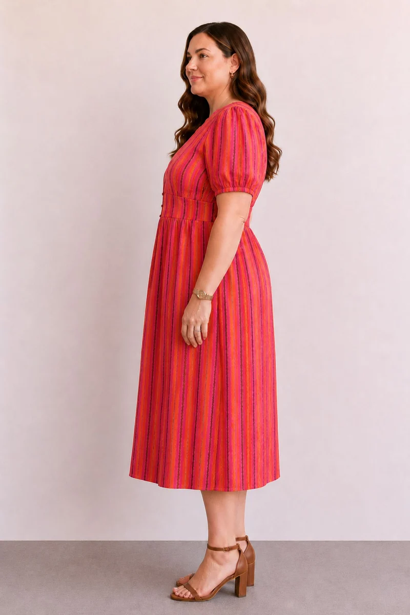 Elarina|100% Cotton Striped Puff Sleeve Midi Dress
