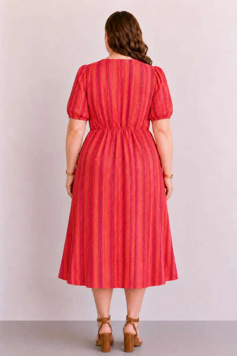 Elarina|100% Cotton Striped Puff Sleeve Midi Dress