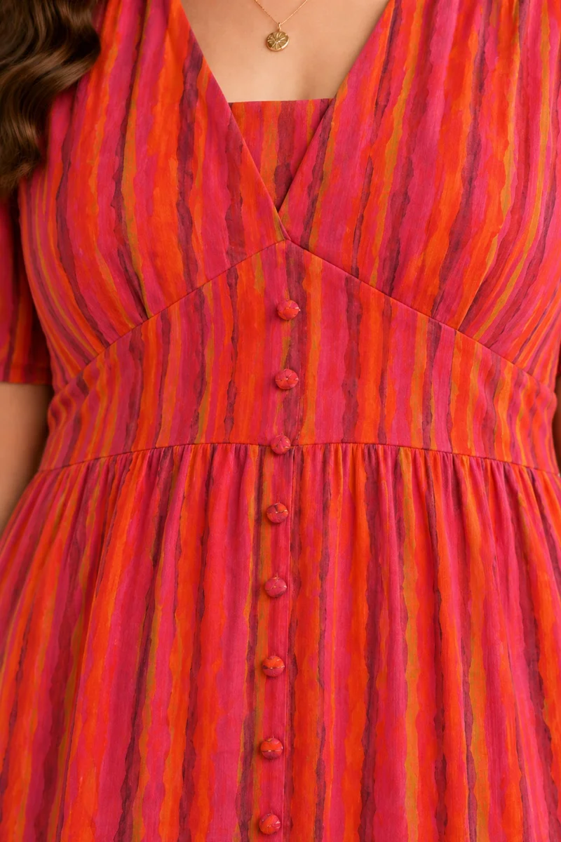 Elarina|100% Cotton Striped Puff Sleeve Midi Dress
