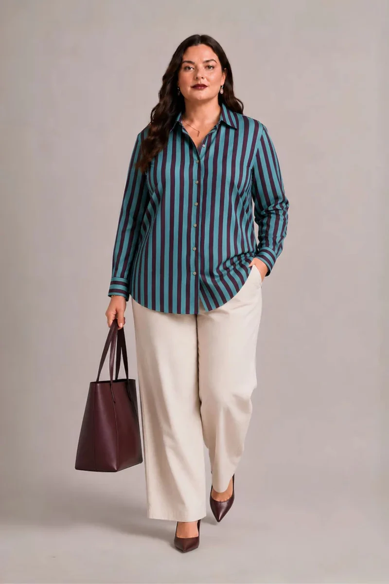 Lunessa|100% Viscose Striped Relaxed Button-Down Shirt