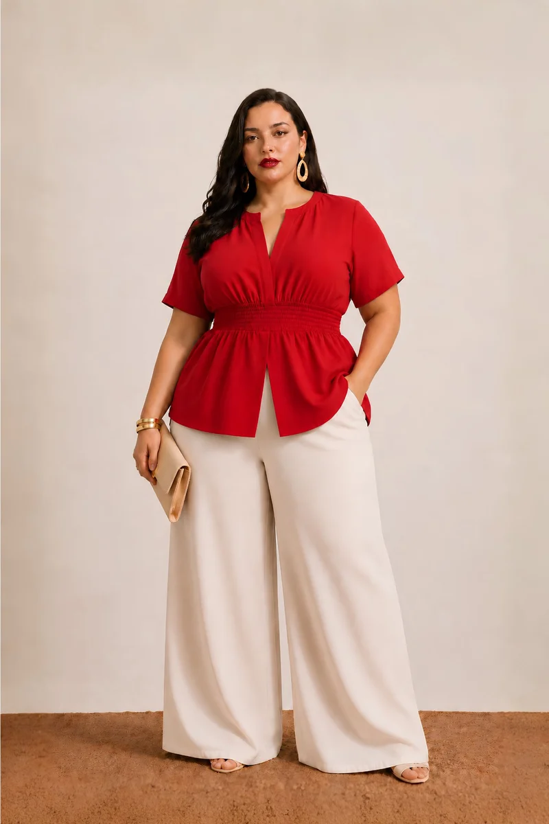 Elanique|100% Viscose Solid V Neck Peplum Top