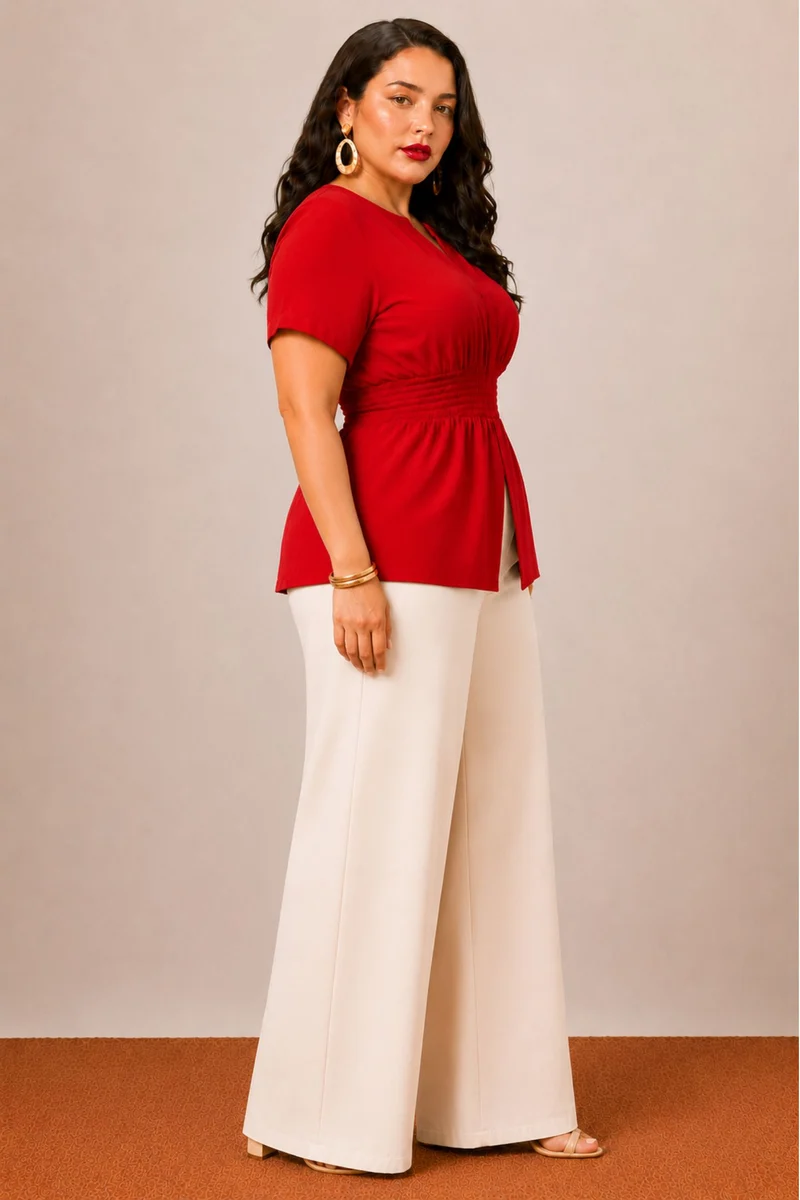 Elanique|100% Viscose Solid V Neck Peplum Top