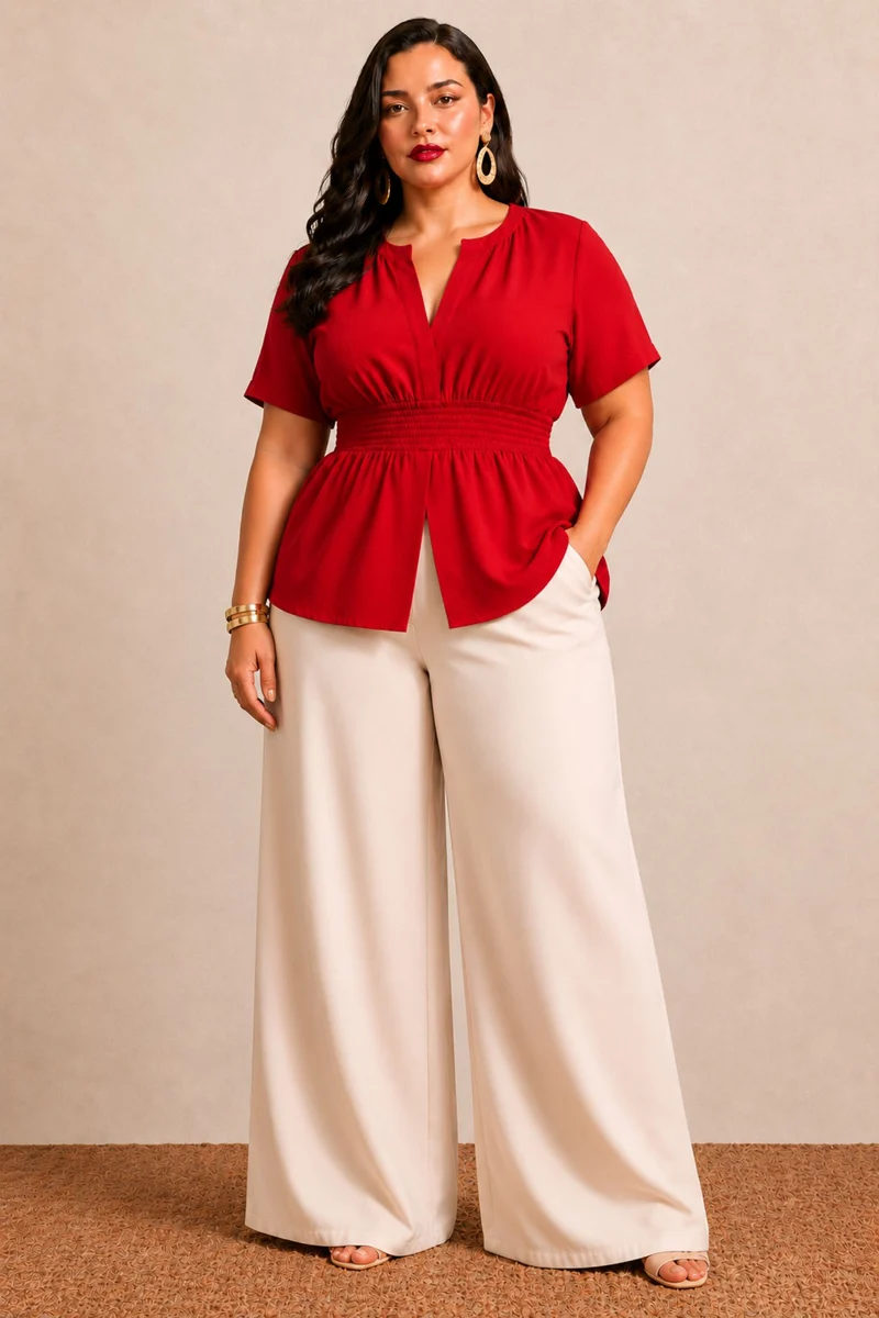 Elanique|100% Viscose Solid V Neck Peplum Top