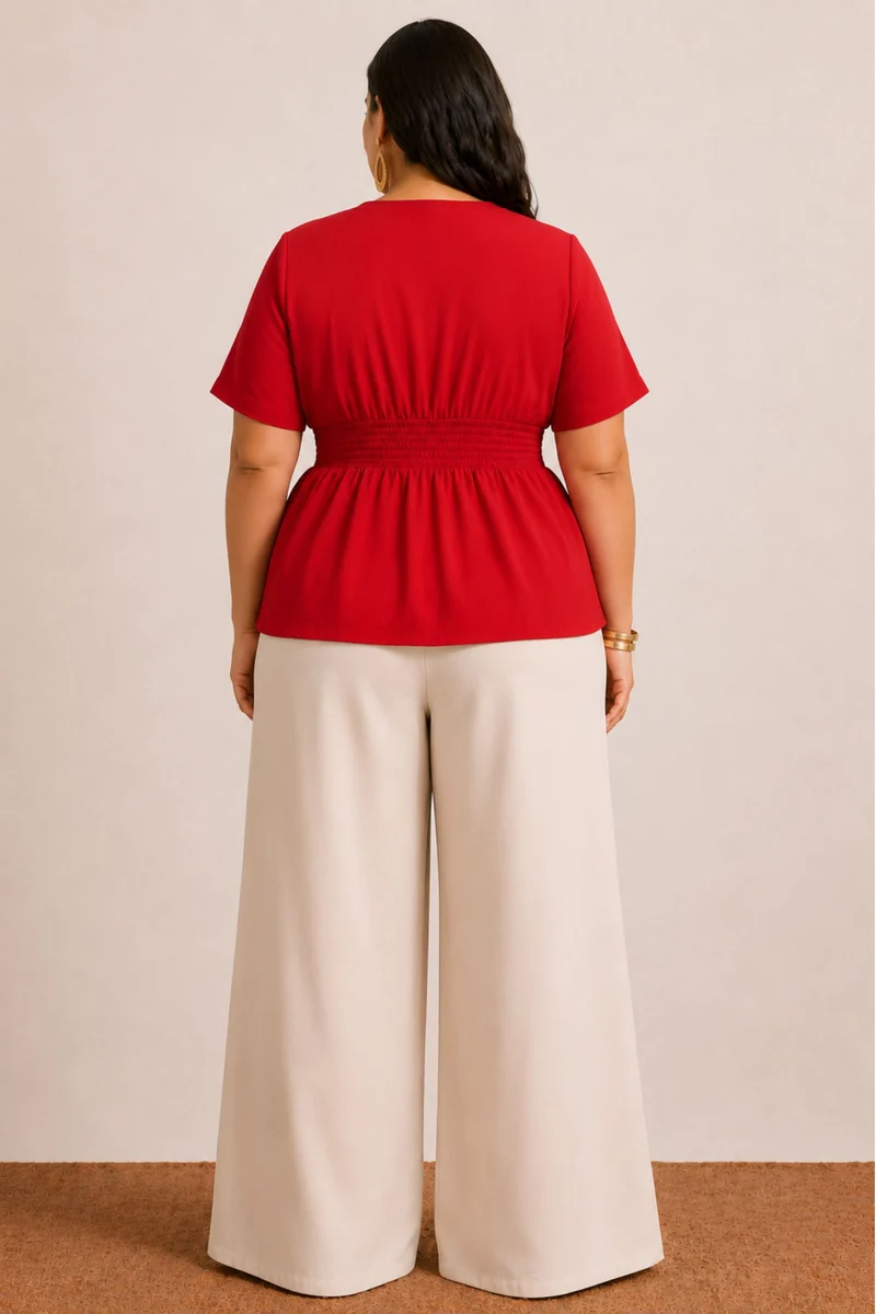 Elanique|100% Viscose Solid V Neck Peplum Top