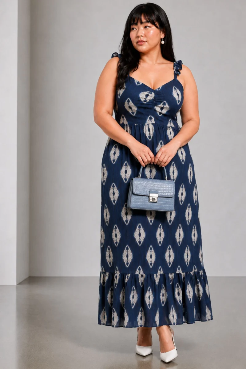 Orelisse|100% Viscose Navy Ikat Tie-Strap Maxi Dress