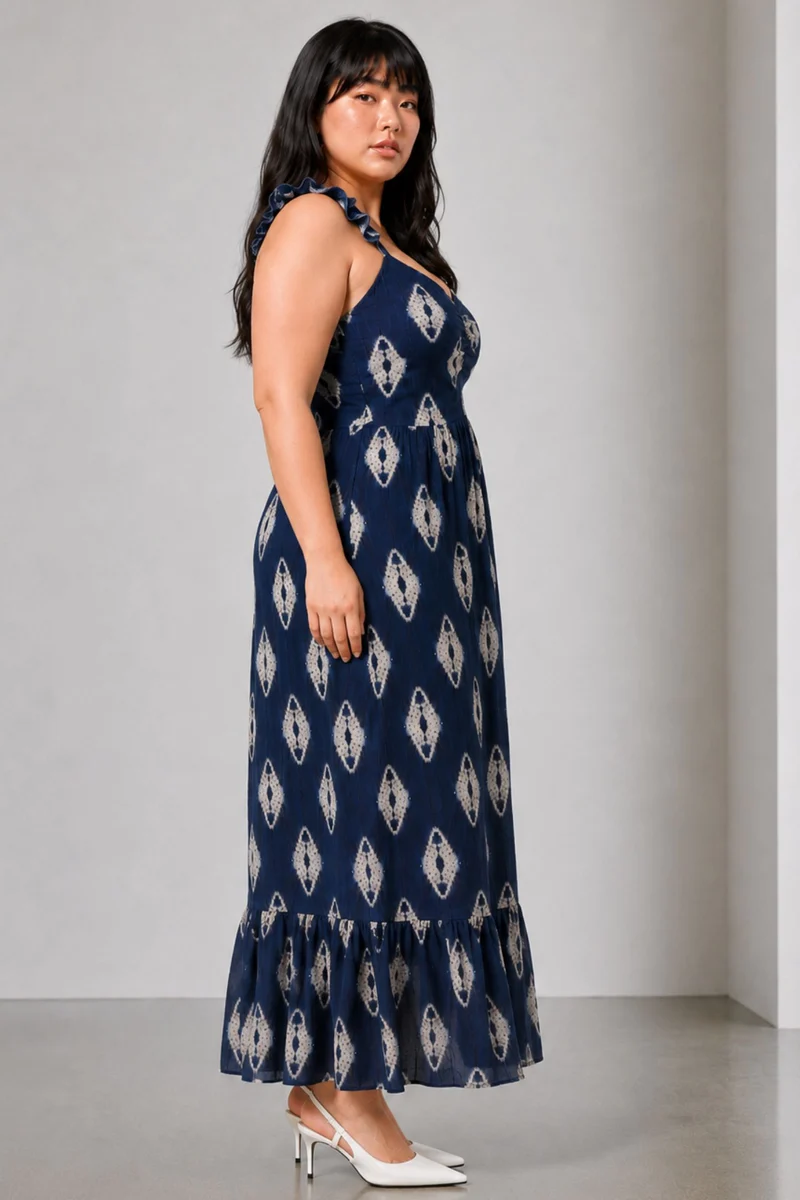 Orelisse|100% Viscose Navy Ikat Tie-Strap Maxi Dress