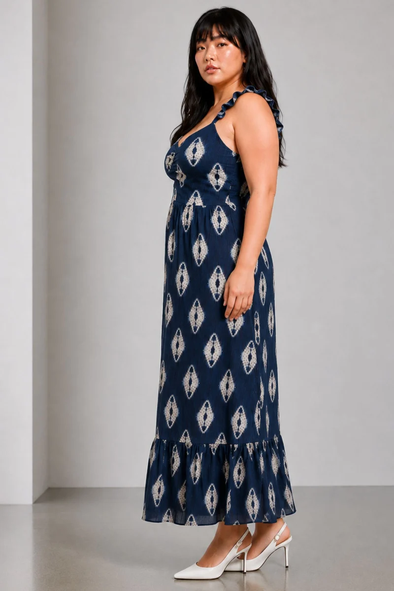 Orelisse|100% Viscose Navy Ikat Tie-Strap Maxi Dress