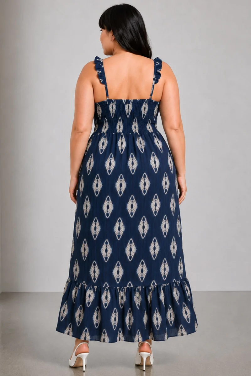 Orelisse|100% Viscose Navy Ikat Tie-Strap Maxi Dress