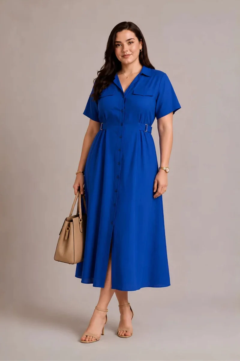 Vespera|100% Viscose Button Down Midi Shirt Dress