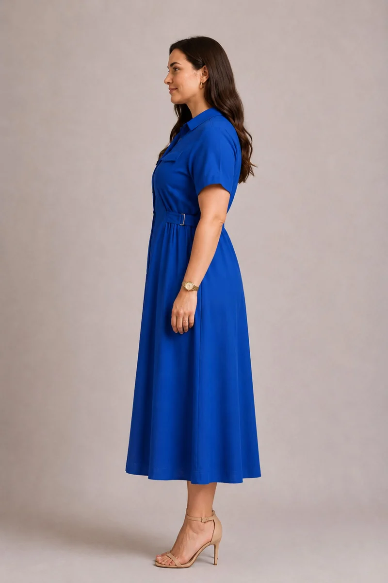 Vespera|100% Viscose Button Down Midi Shirt Dress