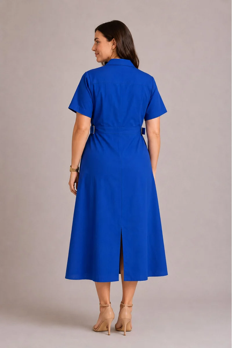 Vespera|100% Viscose Button Down Midi Shirt Dress