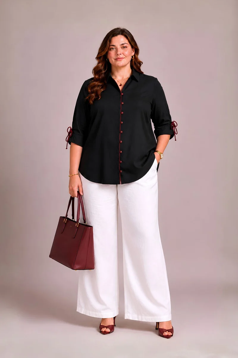 Zarela|100% Cotton Black Tie-Cuff Relaxed Shirt