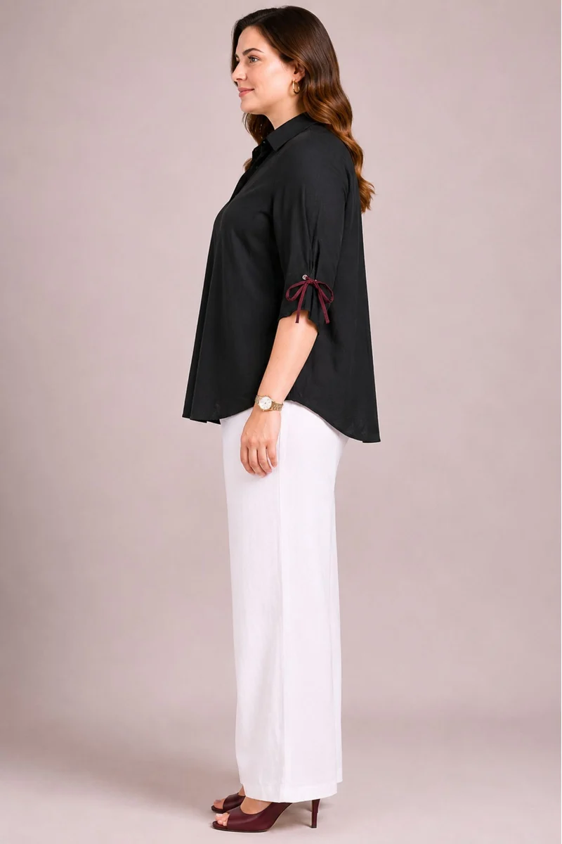 Zarela|100% Cotton Black Tie-Cuff Relaxed Shirt
