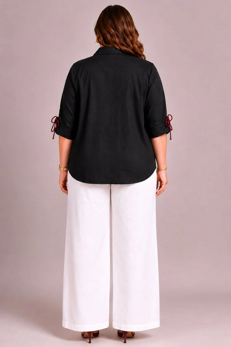 Zarela|100% Cotton Black Tie-Cuff Relaxed Shirt