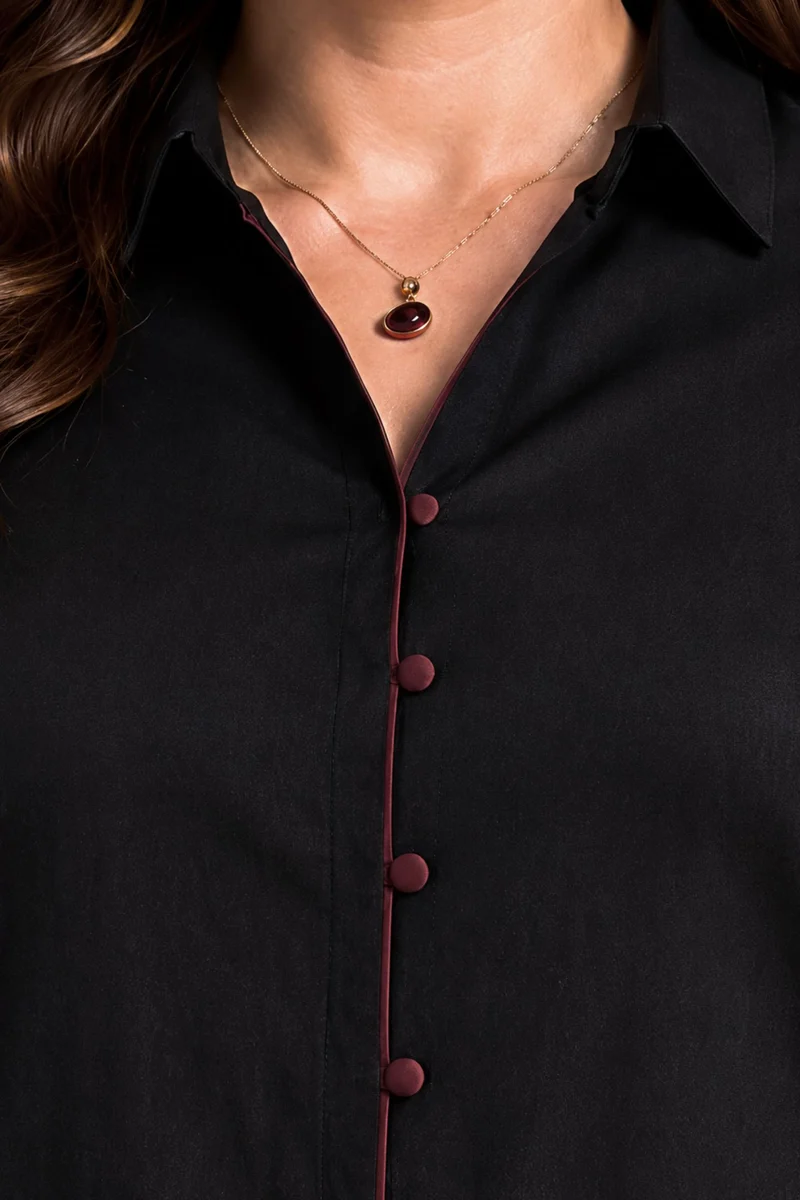 Zarela|100% Cotton Black Tie-Cuff Relaxed Shirt