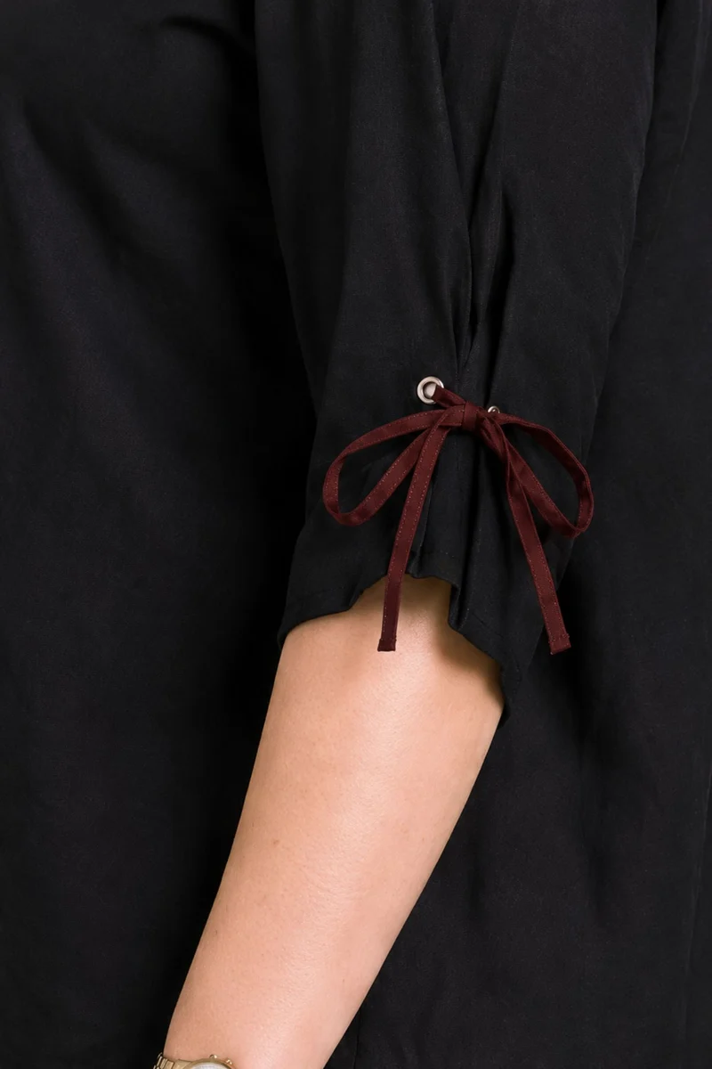 Zarela|100% Cotton Black Tie-Cuff Relaxed Shirt