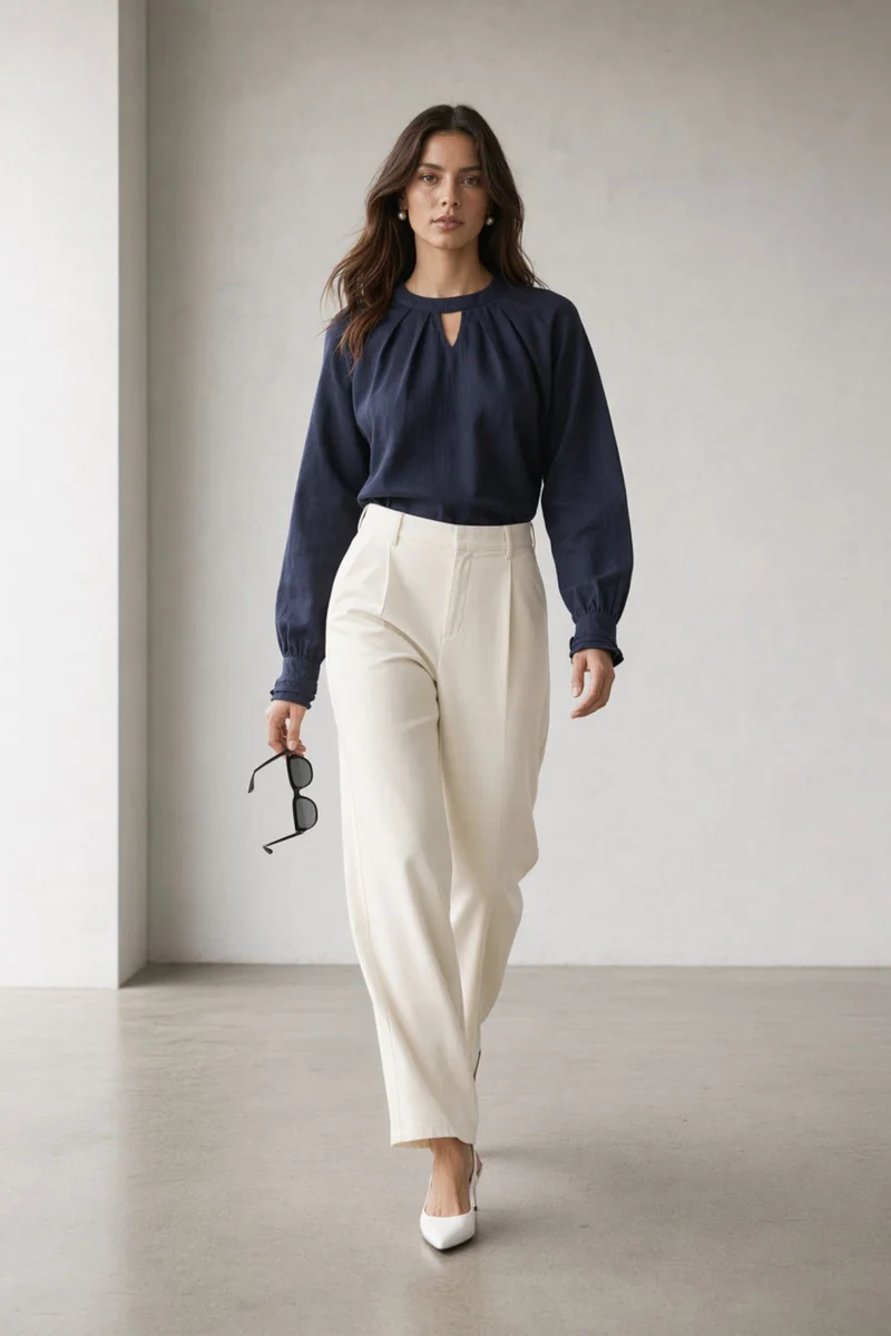 Azeliah|100% Cotton Navy Keyhole Puff Sleeve Top