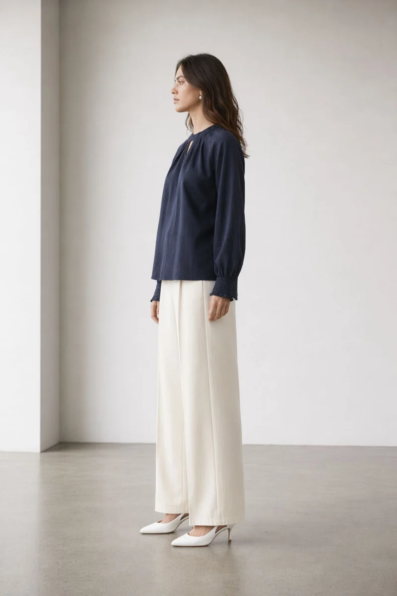Azeliah|100% Cotton Navy Keyhole Puff Sleeve Top