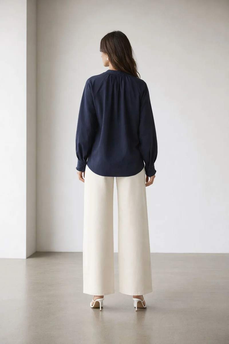 Azeliah|100% Cotton Navy Keyhole Puff Sleeve Top