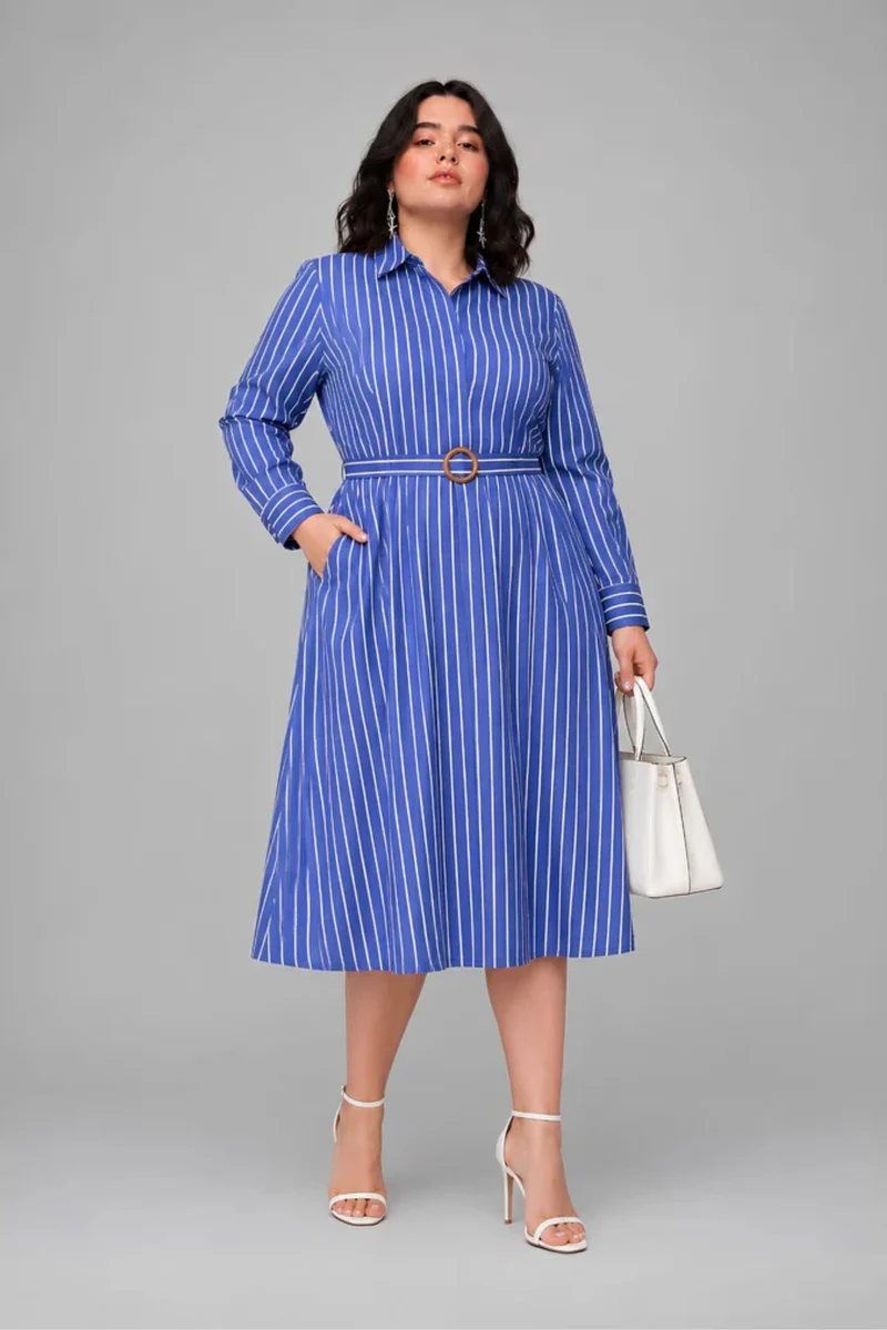 Marigold|100% Cotton Belted Midi Shirt Dress
