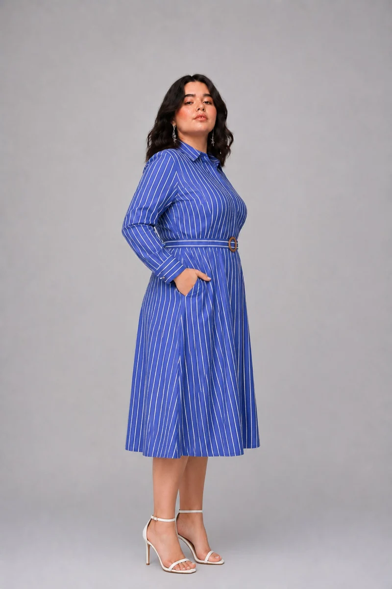 Marigold|100% Cotton Belted Midi Shirt Dress