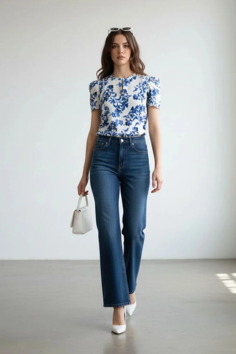 Clarisse|100% Cotton Lace Insert Floral Blouse