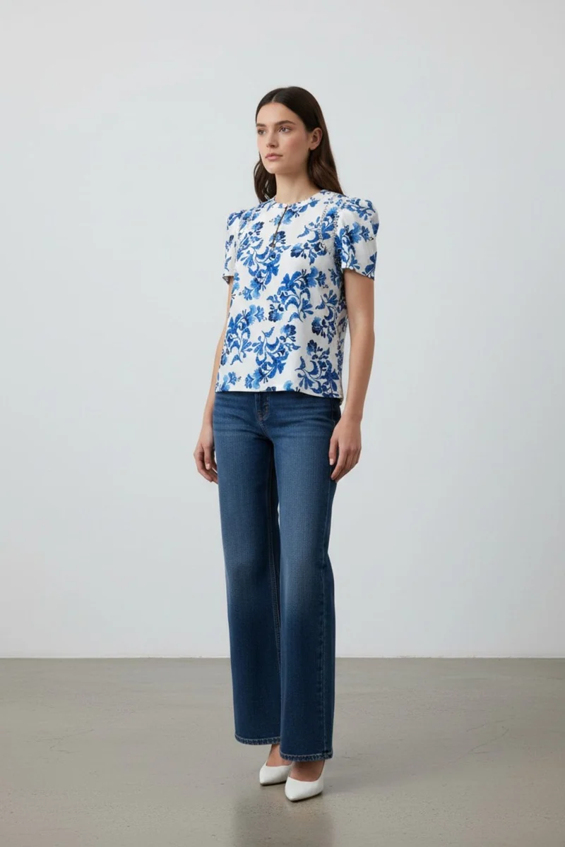 Clarisse|100% Cotton Lace Insert Floral Blouse