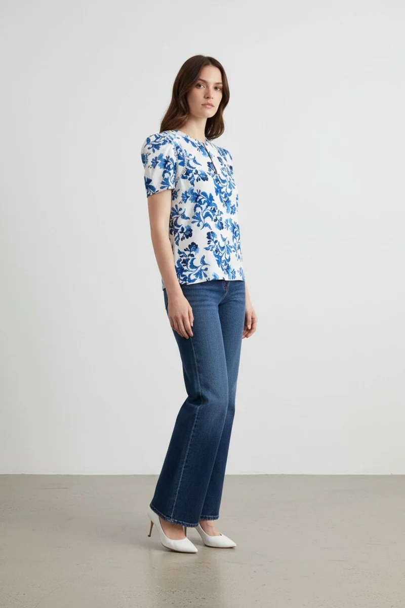 Clarisse|100% Cotton Lace Insert Floral Blouse
