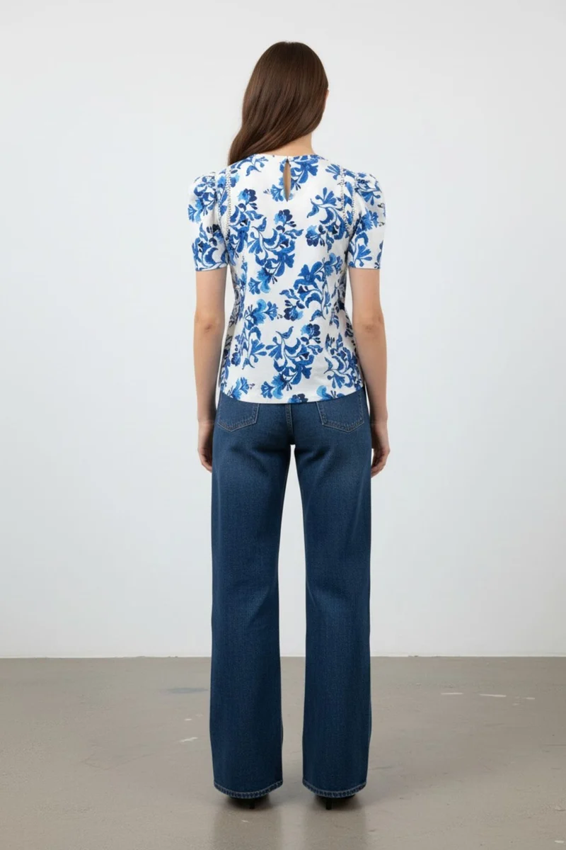 Clarisse|100% Cotton Lace Insert Floral Blouse